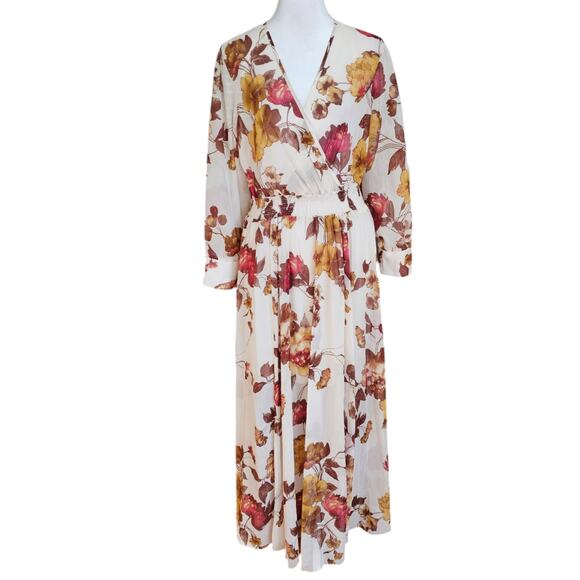 Alexa B Nites Maxi Dress Wrap Top Cream Brown Floral Gold Sparkle Sheer Size 8 - Picture 1 of 7